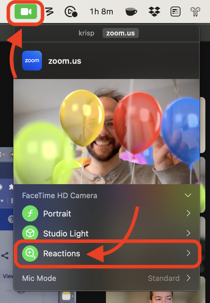 On macOS Sonoma, click the FaceTime icon in your menu bar to see your camera settings, then select Reactions to turn them on or off.